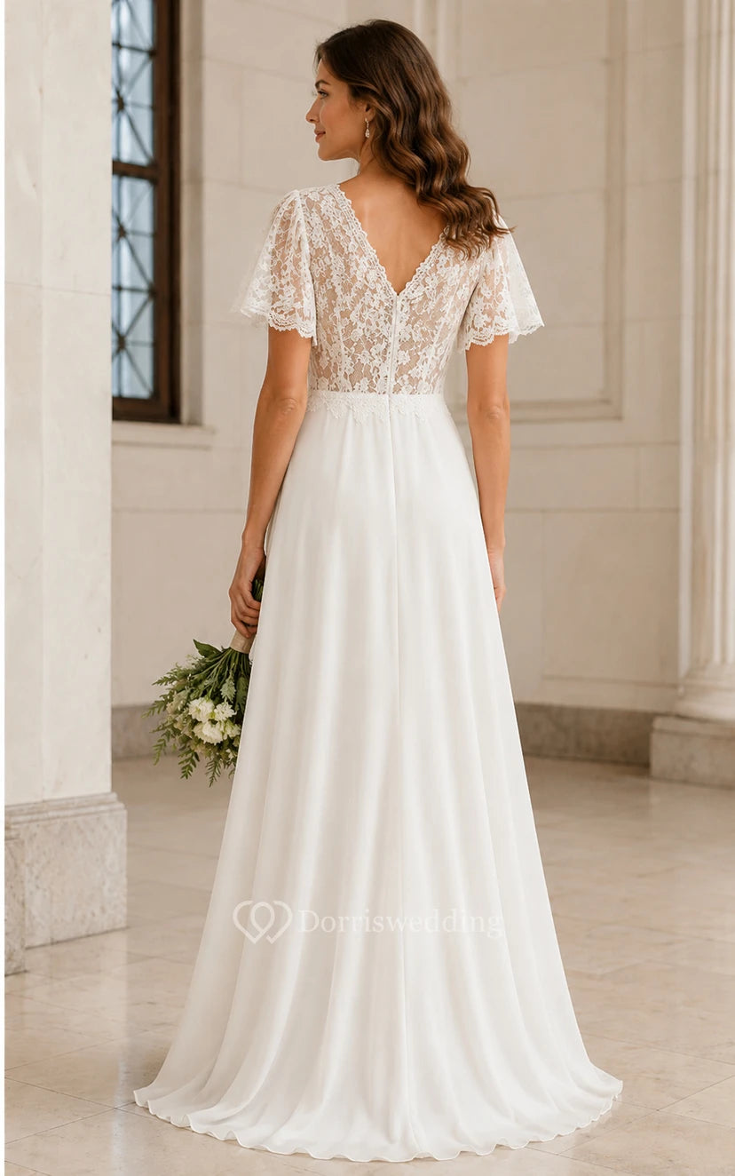 Simple Casual A-Line Wedding Dress Short Sleeve V-Neck Lace Chiffon Floor Length White