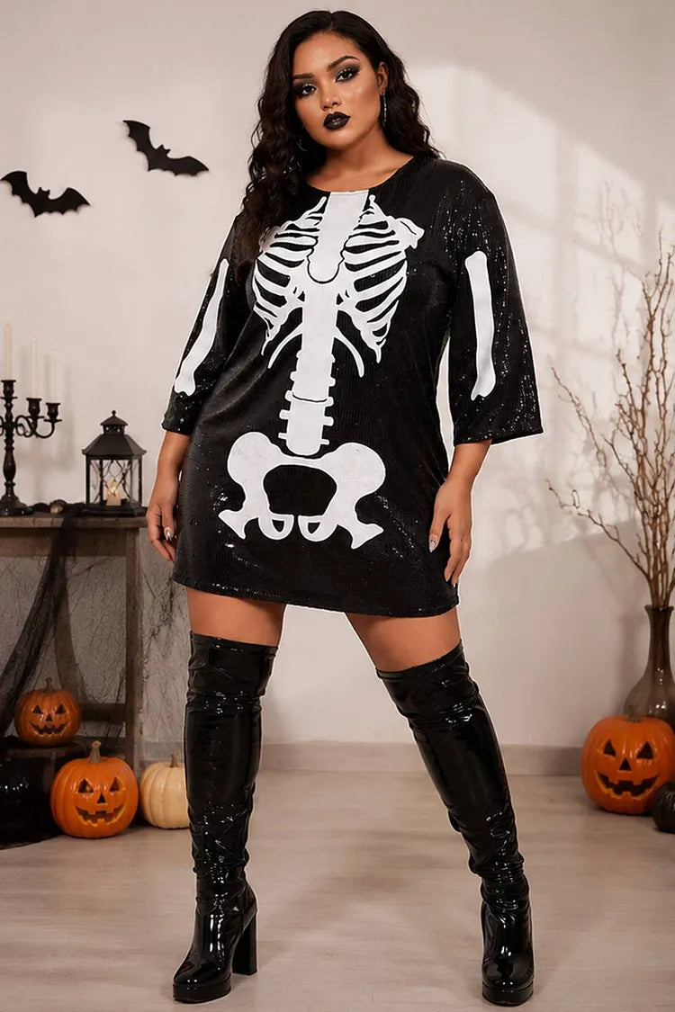 Xpluswear Design Plus Size Halloween Costume Black Sequin Skeleton Mini Dress With Pocket(Ships 24h)