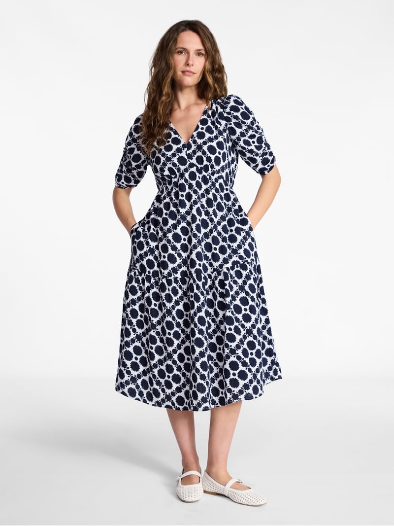 Time and Tru Women's Cotton Tiered Midi Dress with Elbow Length Sleeves, Sizes XS-XXXL