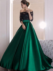 Black Lace Dark Green Satin Prom Party Dresses Off Shoulder 3/4 Long Sleeve A Line Floor Length Long Evening Gowns Formal Occasion · bettybridal · Online Store Powered by Storenvy