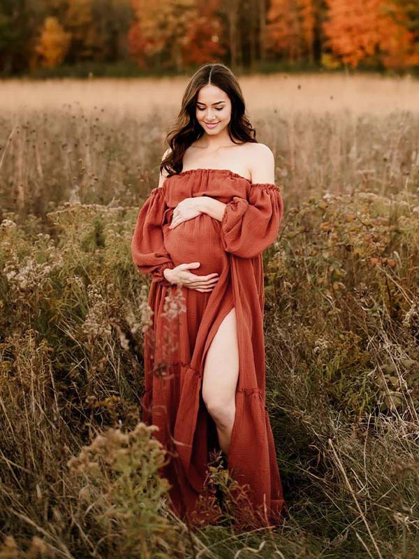 Orange Off Shoulder Side Slit Ruffle Photoshoot Maternity Maxi Dress - Orange - 1