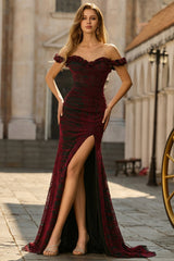 burgundy off the shoulder dress prom Burnout Velvet Mermaid With Slit brand-Stacy Adams Royal Blue Plus Sized If you want standard Color:Wine Red –