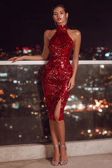 Sparkly Red Sequin Midi Cocktail Dress with Slit Bodycon Halter Neck Holiday Party Dress