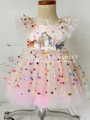 party animal birthday dress, circus animal dress, wild one birthday dress, 3D animal birthday dress, animal birthday outfit, first birthday dress, milestone birthday dress, vintage carnival dress, tulle tutu dress, handmade heirloom dress, Cora and Violet Party Animal.