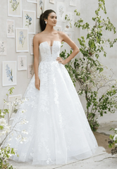 Full front of Anne Barge Fernbank white tulle ball gown with floral embroidery and detailed straps
