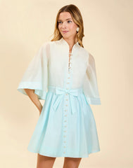Carmen Mini Dress in Powder Ombré linen organza with mandarin collar, butterfly sleeves, bow waist detail, and fit-and-flare mini silhouette.