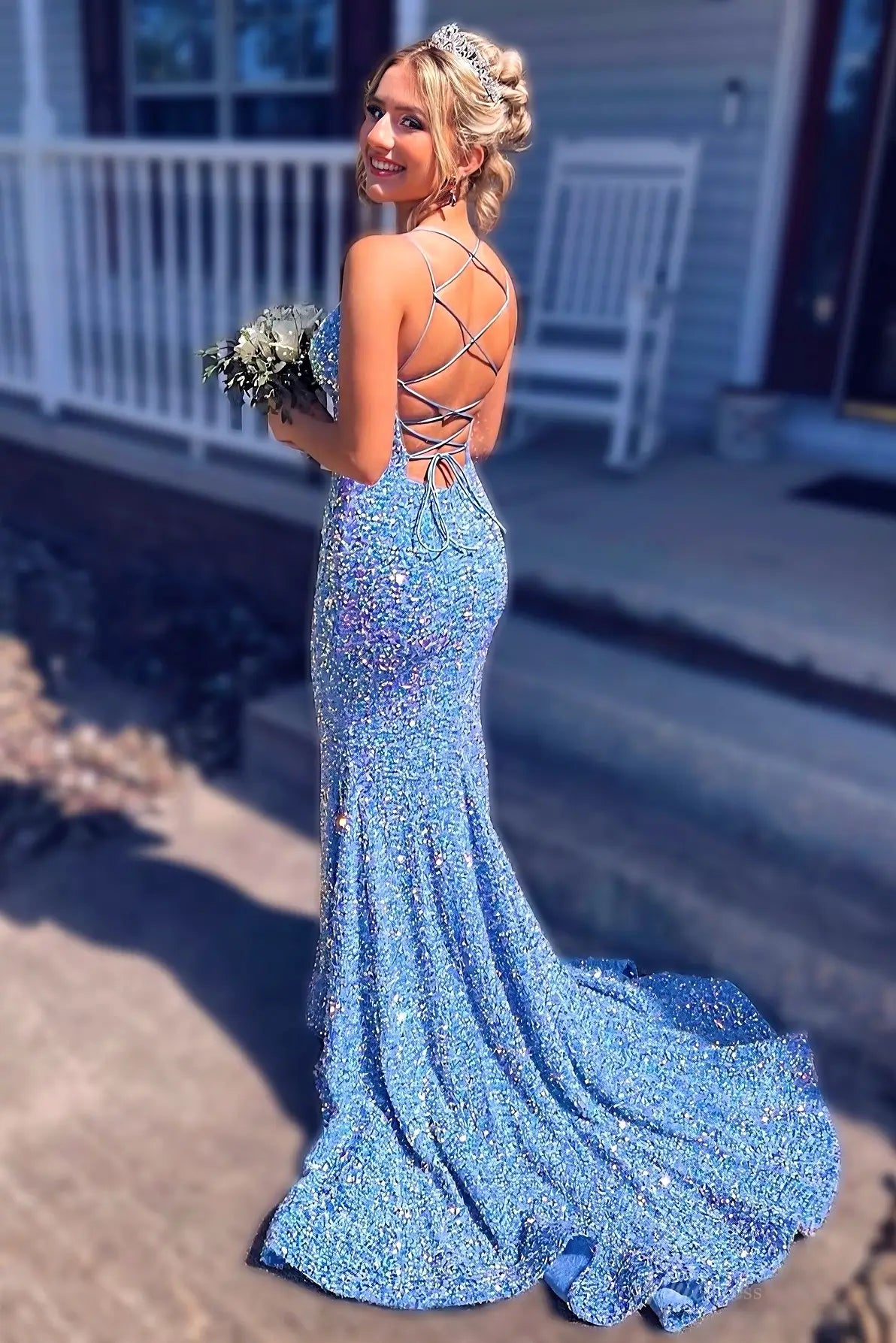 Light Blue Sequin Mermaid Prom Dress with Deep V Neck & Strappy Open Back – SQ007-prom dresses 2026-Viniodress-Light Blue-Custom Size-