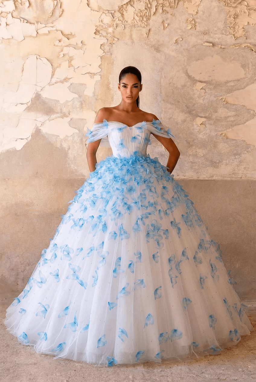Blue Butterfly Appliqué Ball Gown with Off Shoulder Corset Bodice Ethereal Princess Tulle Evening Dress Romantic Couture Formal Gown Fairytale Prom Dress Plus Size - WonderlandByLilian