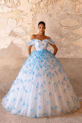 Blue Butterfly Appliqué Ball Gown with Off Shoulder Corset Bodice Ethereal Princess Tulle Evening Dress Romantic Couture Formal Gown Fairytale Prom Dress Plus Size - WonderlandByLilian