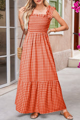 Red Plaid Square Neck Sleeveless Maxi Dress-Maxi Dresses-[Adult]-[Female]-Red-L-2022 Online Blue Zone Planet