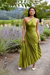 Olympia Olive Green Pleated Formal Maxi Gown